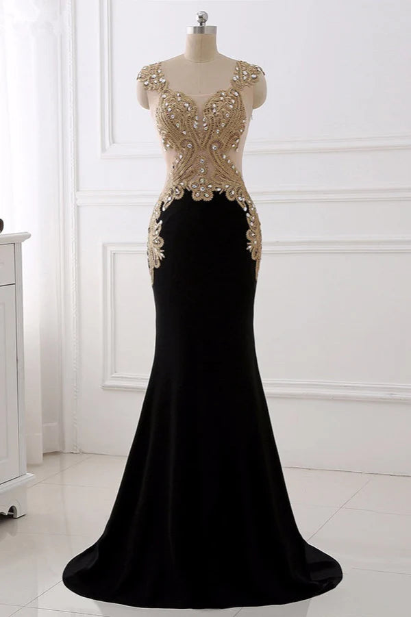 Weitese Dress V-Neck Sleeveless Mermaid Evening Dresses Gold Appliques With Crystals Prom Dress